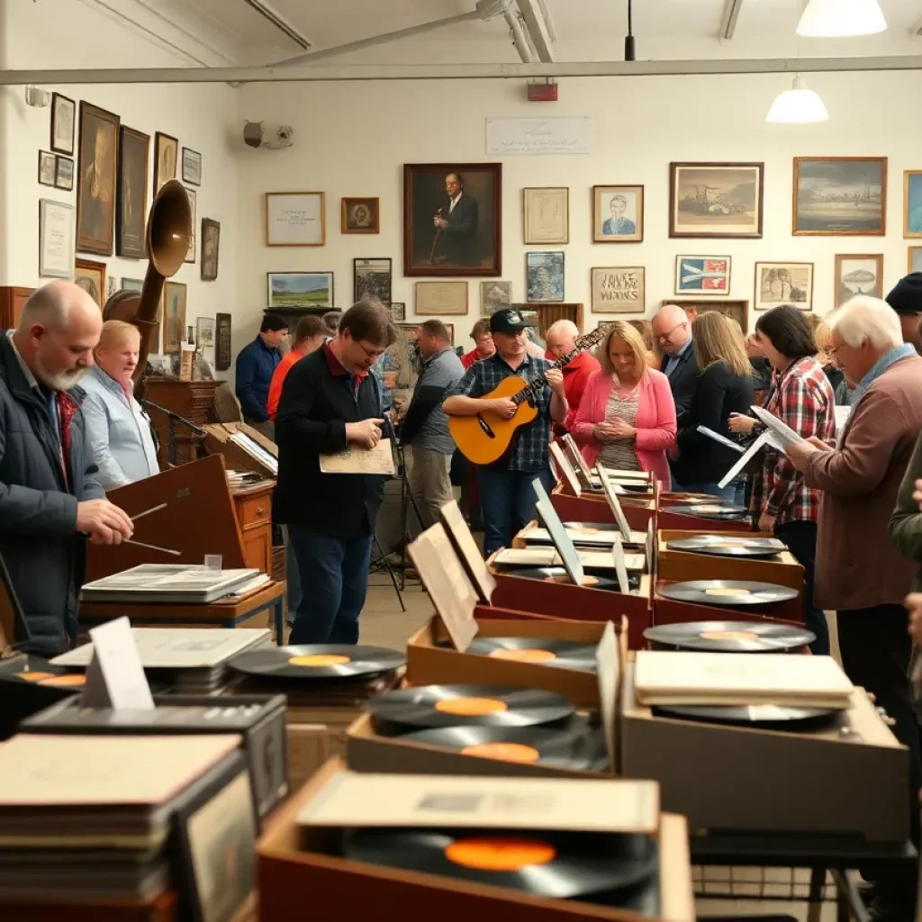 A bustling 78 record benefit sale with visitors exploring various collectibles.