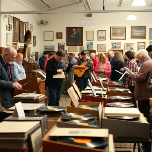 A bustling 78 record benefit sale with visitors exploring various collectibles.