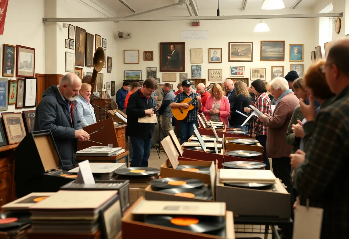 A bustling 78 record benefit sale with visitors exploring various collectibles.