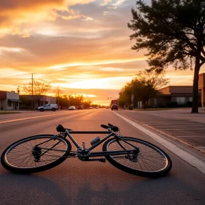 An abandoned bicycle on an Albuquerque street at sunset