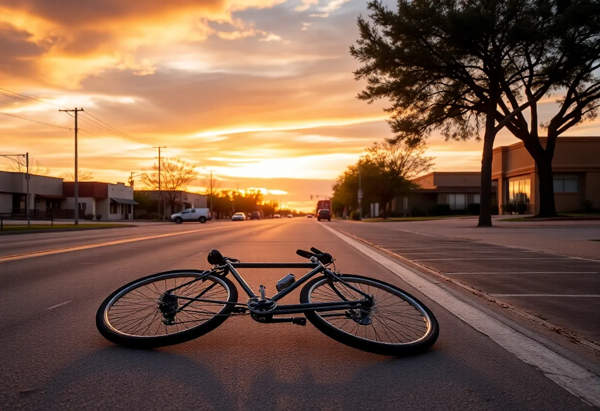 An abandoned bicycle on an Albuquerque street at sunset