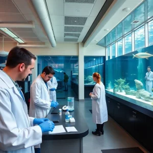 View of the new research facility at the Albuquerque BioPark aquarium, focusing on marine conservation.