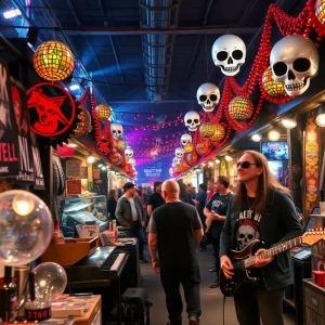 Crowd enjoying the ABQ Headbangers Market with live music and vendor stalls