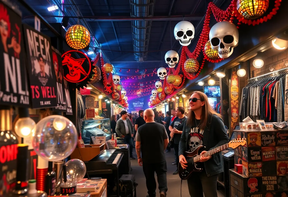 Crowd enjoying the ABQ Headbangers Market with live music and vendor stalls