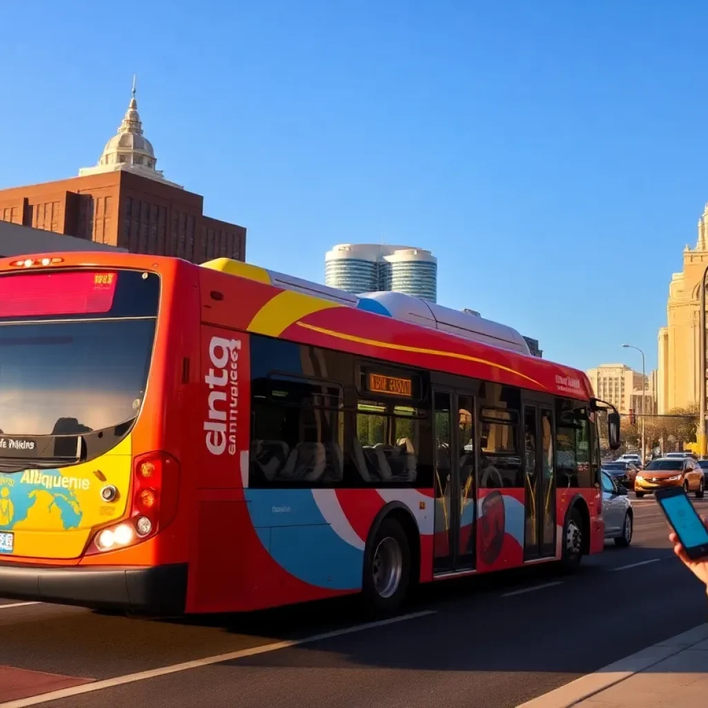 An Albuquerque bus featuring Passio app branding with city streets in the background.