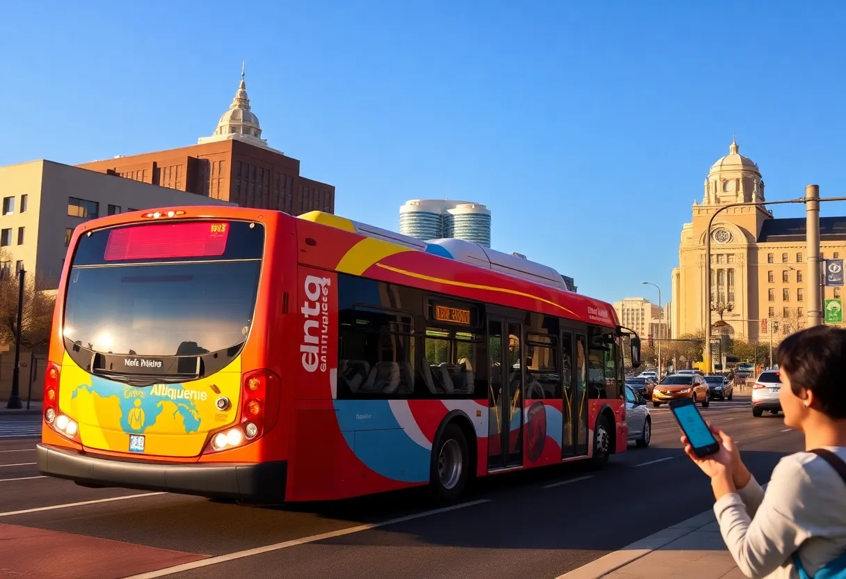 An Albuquerque bus featuring Passio app branding with city streets in the background.