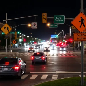 Night view of an intersection in Albuquerque with safety signs.