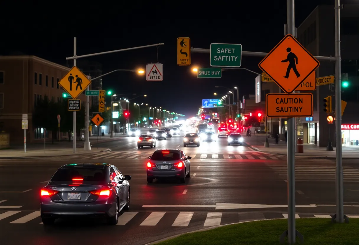 Night view of an intersection in Albuquerque with safety signs.