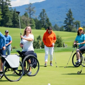 Participants practicing adaptive golf techniques at the Albuquerque clinic.
