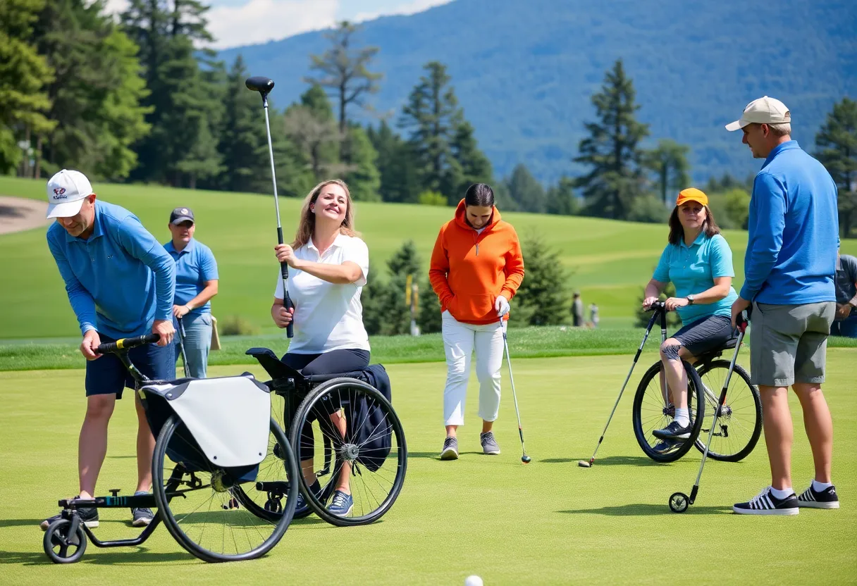 Participants practicing adaptive golf techniques at the Albuquerque clinic.
