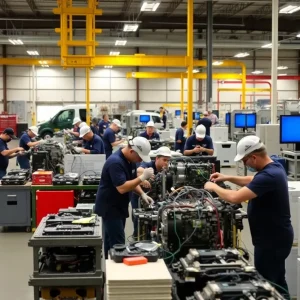 Workers at an aerospace manufacturing facility in Albuquerque amidst trade tensions.