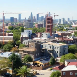 Urban redevelopment scene showcasing affordable housing construction in Albuquerque.
