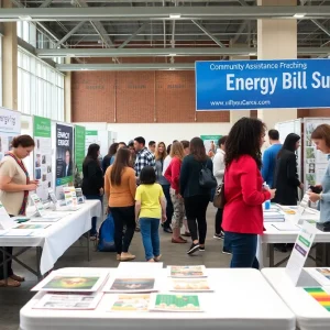 Families at Albuquerque assistance fair discussing energy bill support