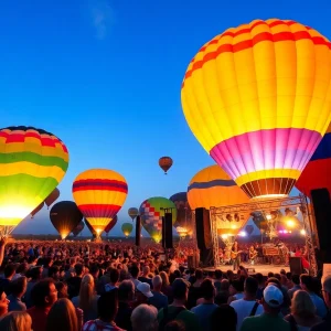 Crowd enjoying a concert at the Albuquerque Balloon Fiesta with hot air balloons in the background.