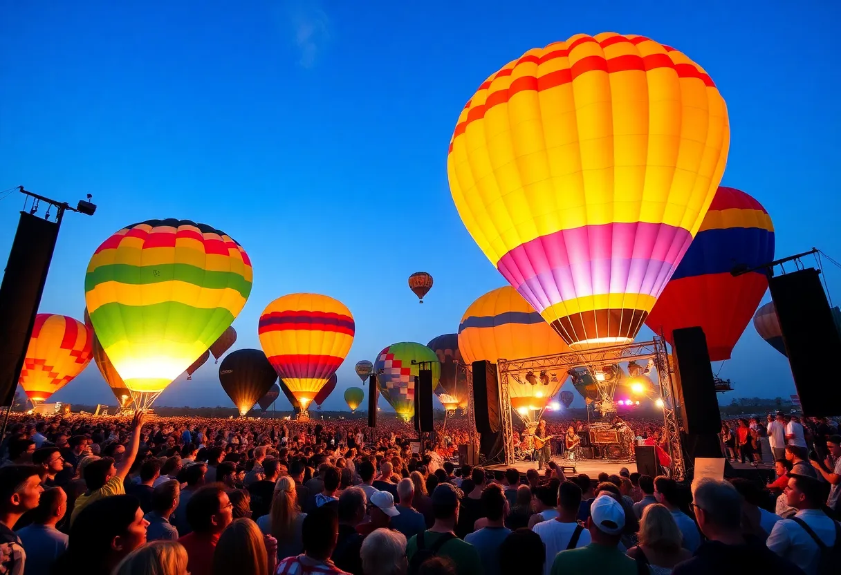 Crowd enjoying a concert at the Albuquerque Balloon Fiesta with hot air balloons in the background.