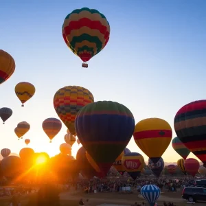 Colorful hot air balloons lifting off during the Albuquerque International Balloon Fiesta