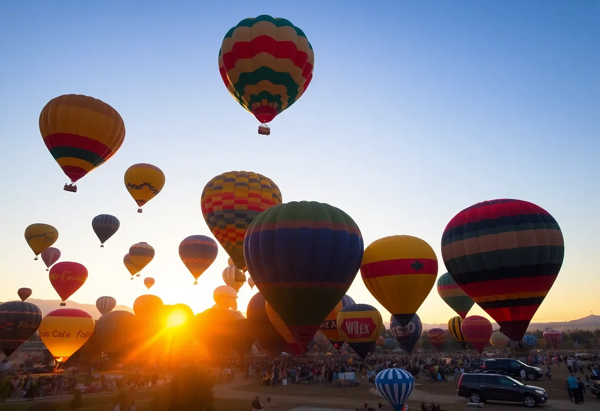 Colorful hot air balloons lifting off during the Albuquerque International Balloon Fiesta