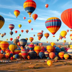 Colorful hot air balloons in the sky during the Albuquerque International Balloon Fiesta.
