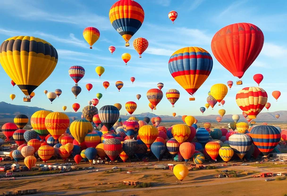 Colorful hot air balloons in the sky during the Albuquerque International Balloon Fiesta.