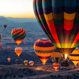 Aerial view of hot air balloons launching at dawn during the Albuquerque Balloon Fiesta.