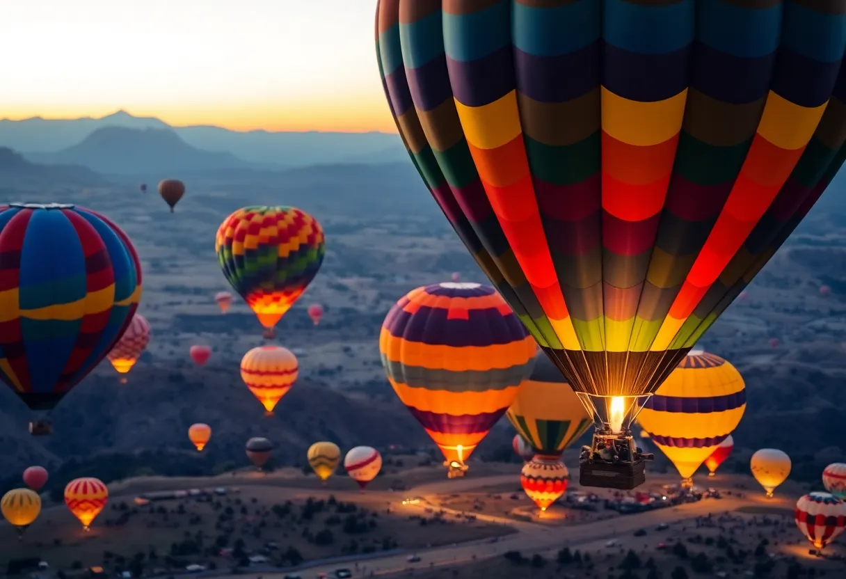 Aerial view of hot air balloons launching at dawn during the Albuquerque Balloon Fiesta.