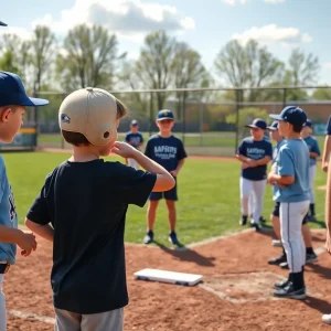 Young baseball players practicing skills during a clinic