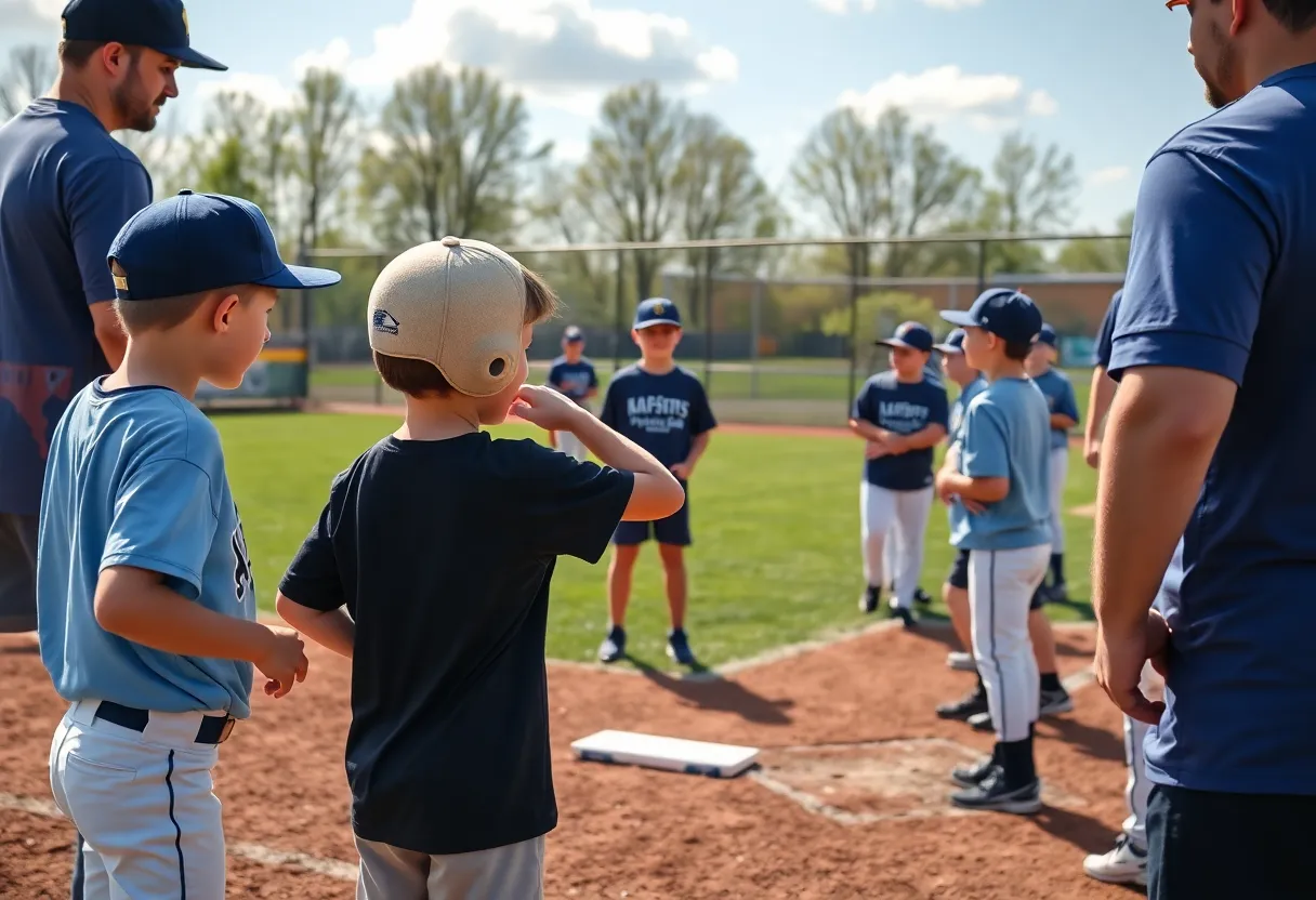 Young baseball players practicing skills during a clinic