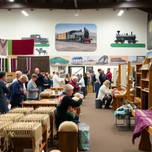 Visitors browsing handmade textiles at the Wheels Museum benefit sale.