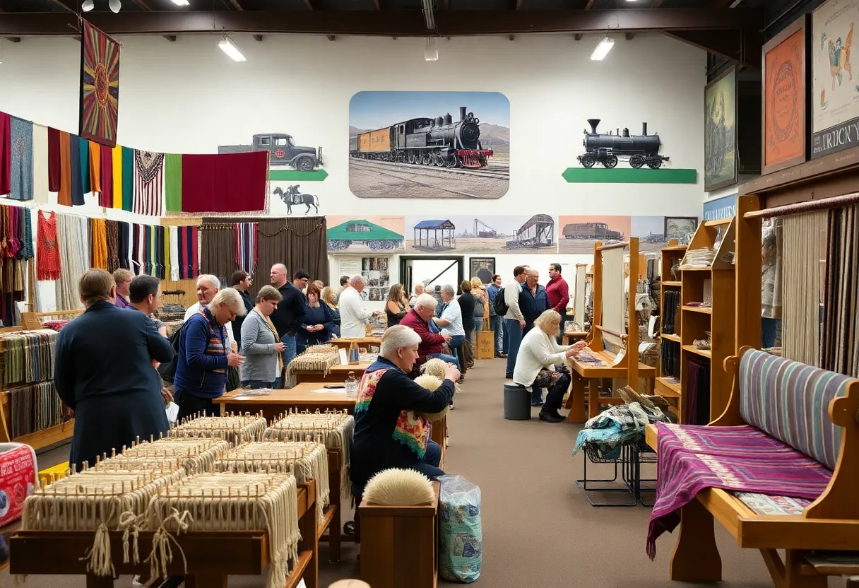 Visitors browsing handmade textiles at the Wheels Museum benefit sale.