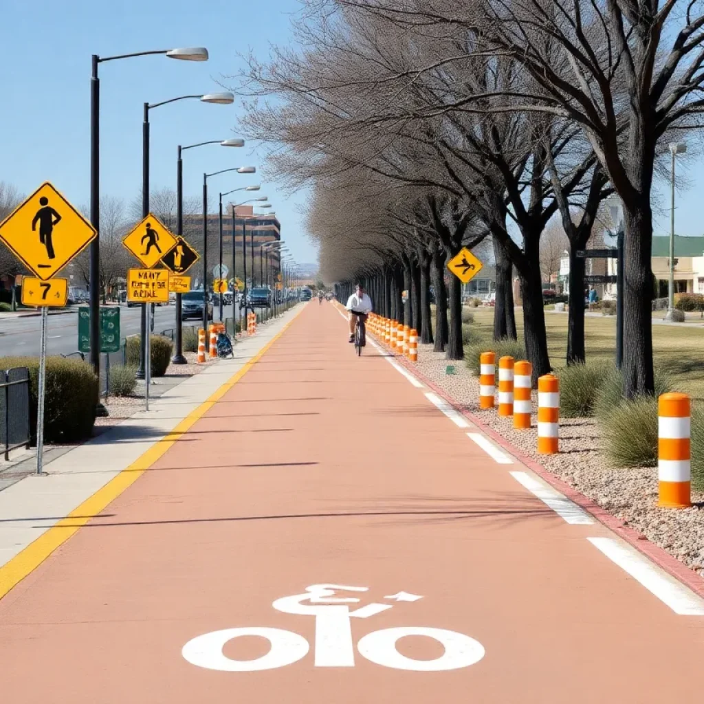 Empty bike lane in Albuquerque with caution signs