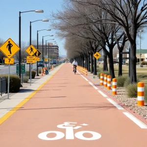 Empty bike lane in Albuquerque with caution signs