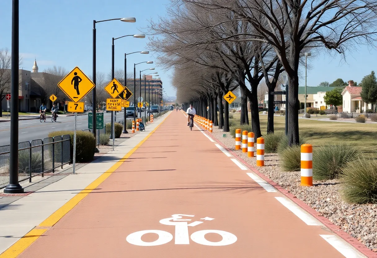 Empty bike lane in Albuquerque with caution signs