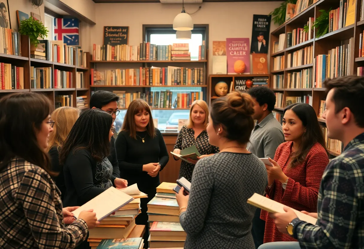 Albuquerque book launch event featuring diverse attendees and vibrant cultural displays.