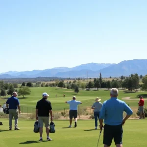 Participants playing golf at Albuquerque's Charity Golf Classic with Sandia Mountains in the background.