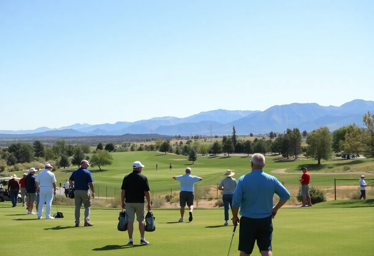 Participants playing golf at Albuquerque's Charity Golf Classic with Sandia Mountains in the background.