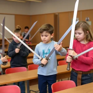 Students in a drama class with prop swords, demonstrating safety protocols.