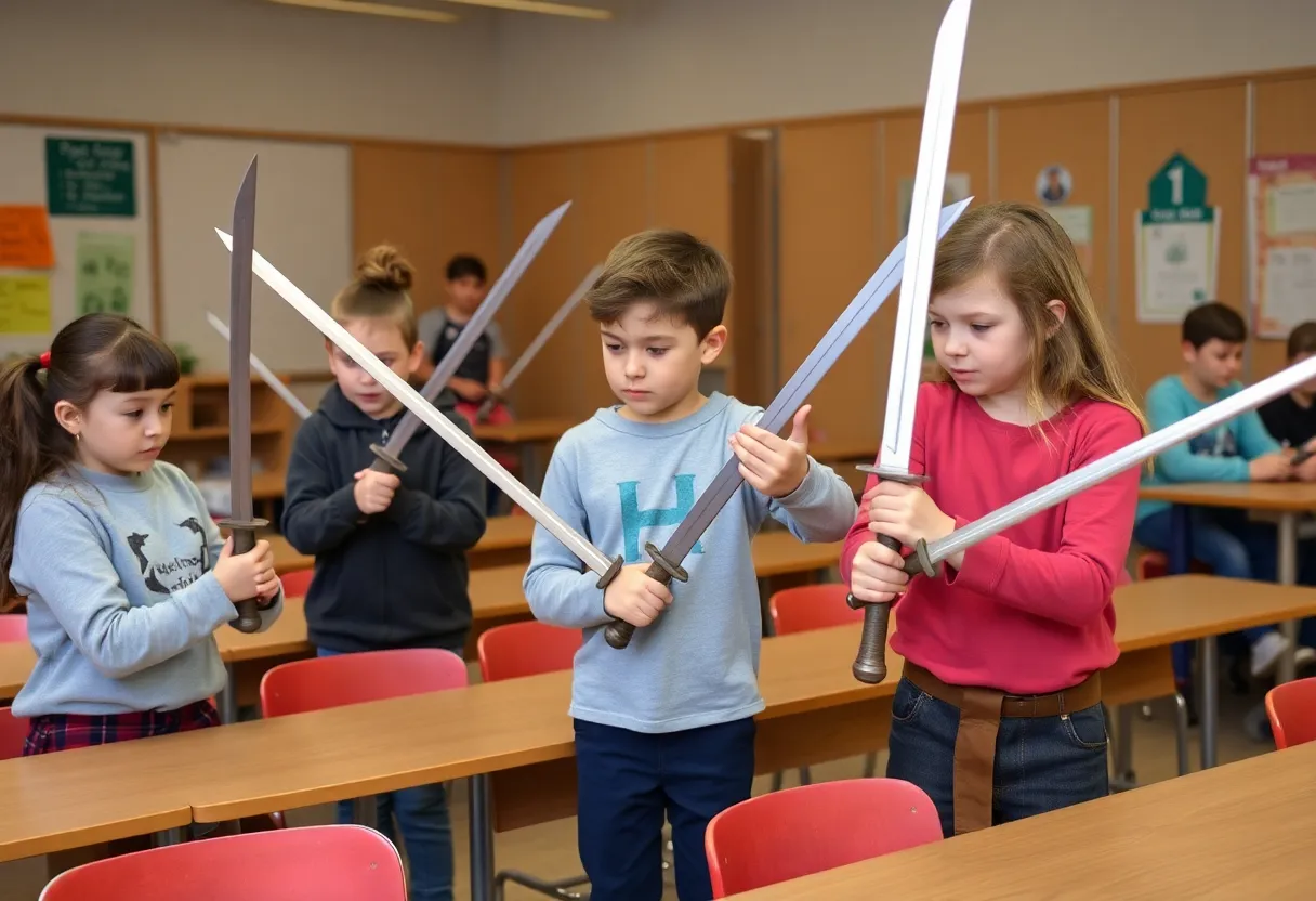 Students in a drama class with prop swords, demonstrating safety protocols.