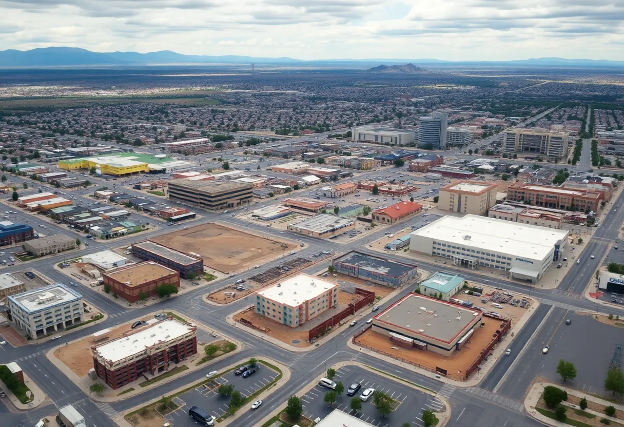 Aerial view of construction sites in Albuquerque, illustrating development and economic growth.