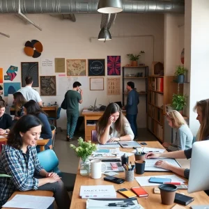 Creative agency workspace in Albuquerque with designers collaborating.