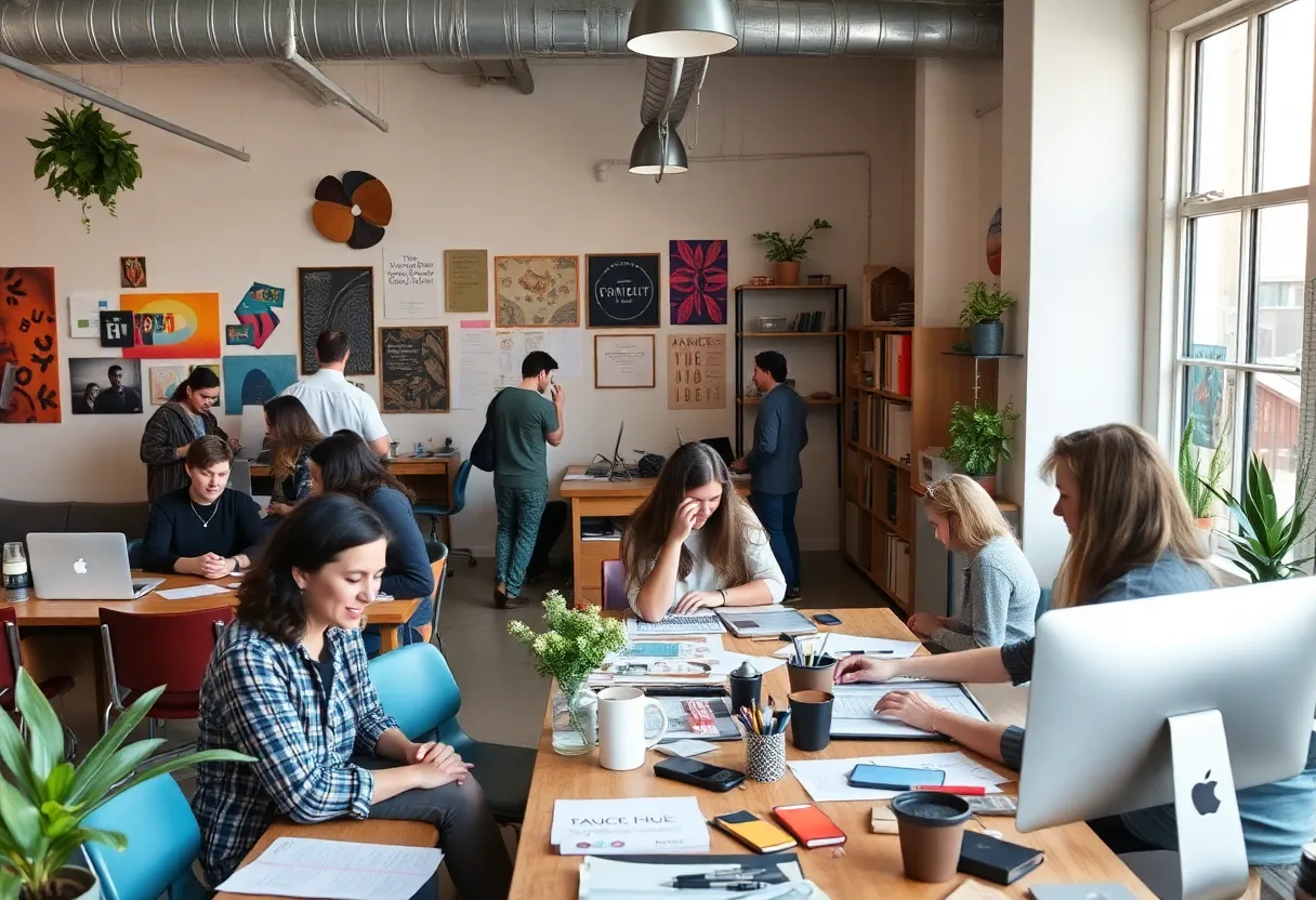 Creative agency workspace in Albuquerque with designers collaborating.