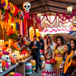 Families celebrating Dia de los Muertos in Albuquerque, with traditional altars and cultural decorations.