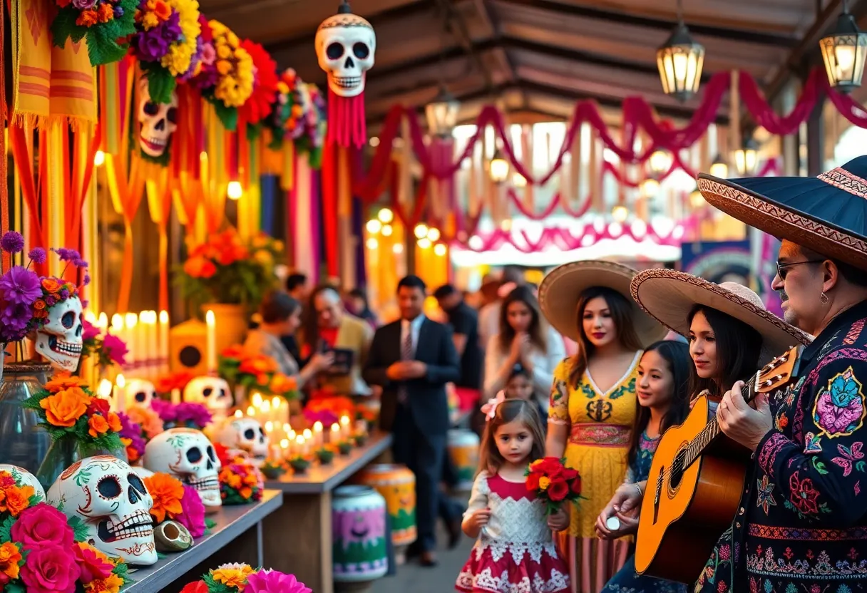 Families celebrating Dia de los Muertos in Albuquerque, with traditional altars and cultural decorations.