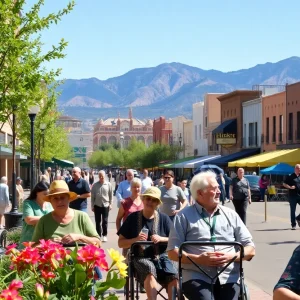 Seniors enjoying a sunny day in Albuquerque's downtown with cultural activities in the background.