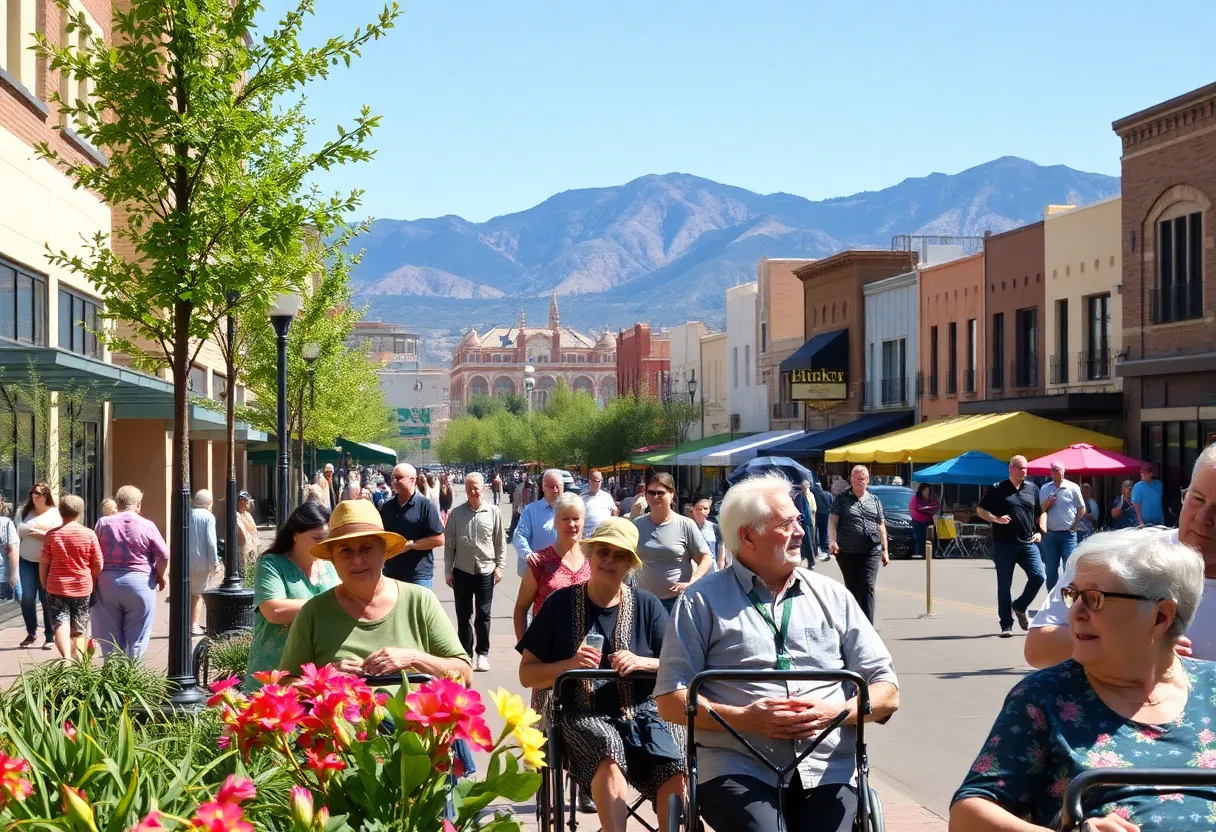 Seniors enjoying a sunny day in Albuquerque's downtown with cultural activities in the background.