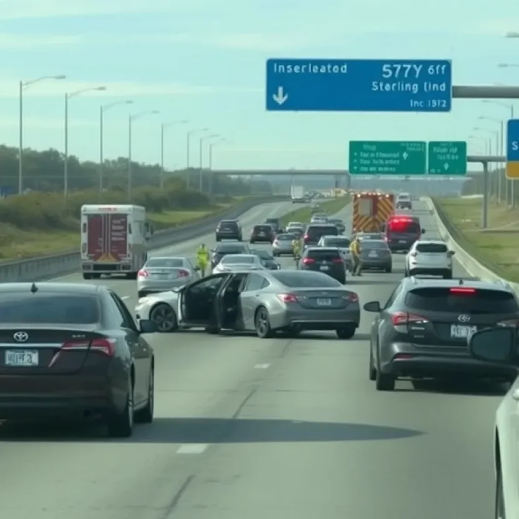 Traffic accident scene on the interstate involving multiple cars.
