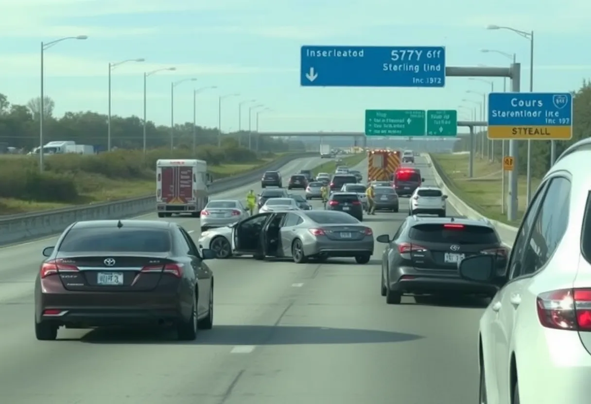 Traffic accident scene on the interstate involving multiple cars.