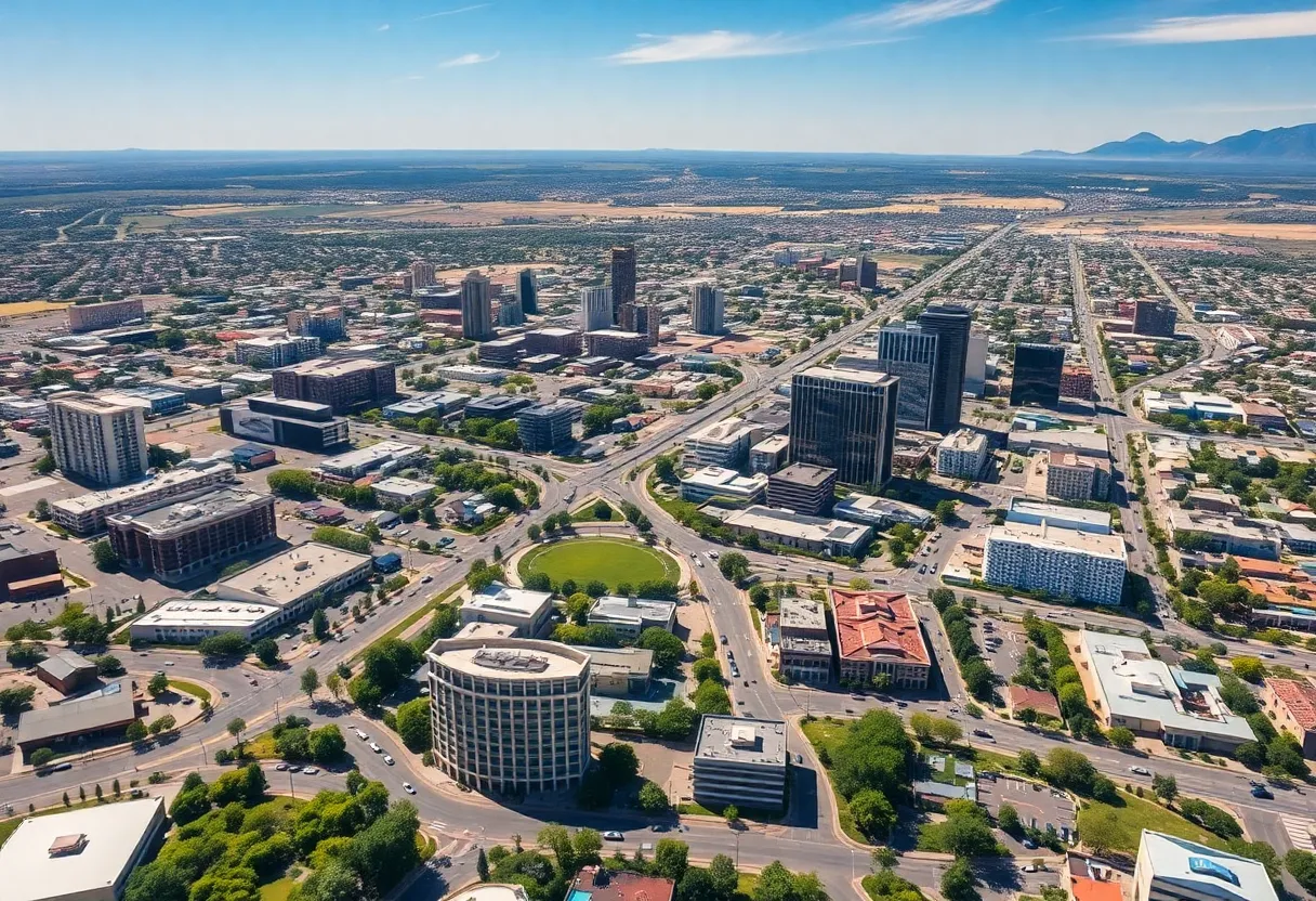 Aerial view of Albuquerque city highlighting development and infrastructure.