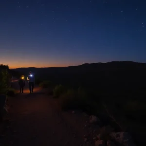 Participants hiking in Albuquerque's foothills at dusk with headlamps.