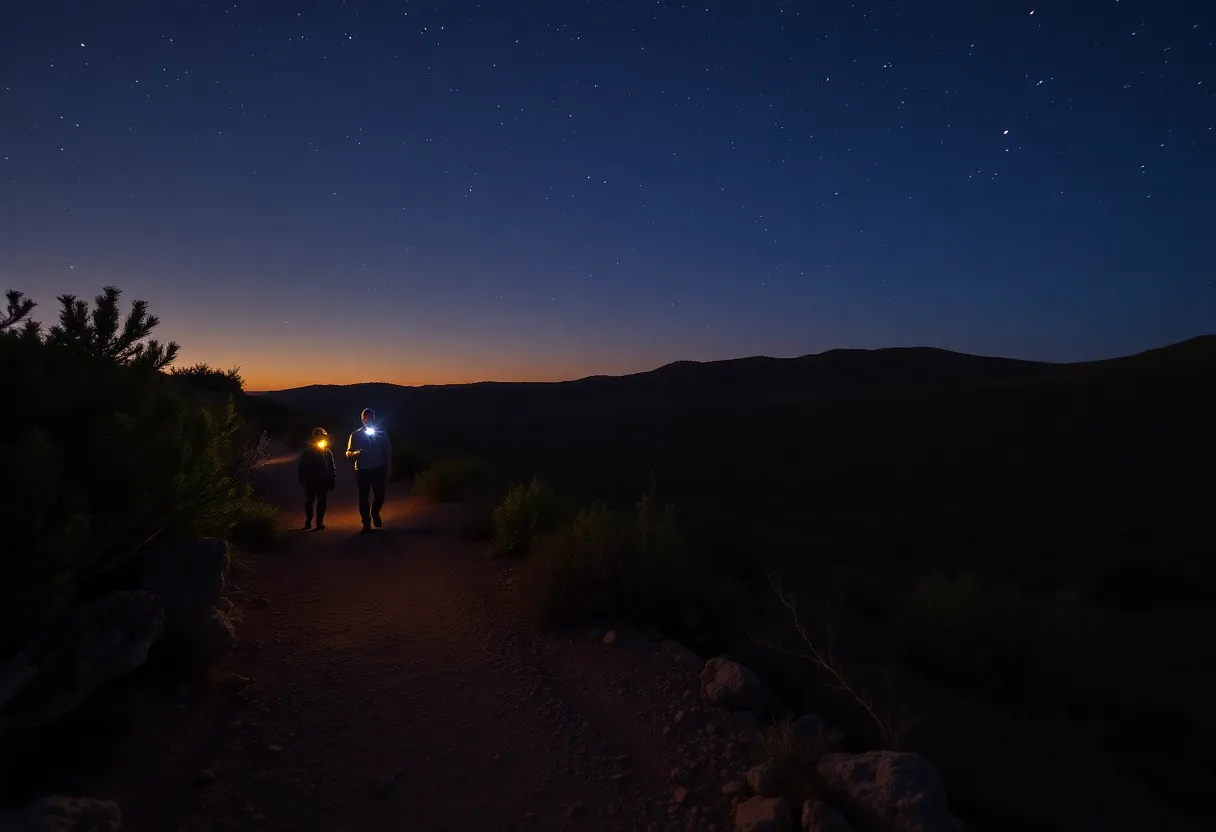 Participants hiking in Albuquerque's foothills at dusk with headlamps.