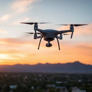A drone flying over an urban-wildland area in Albuquerque during a sunset.